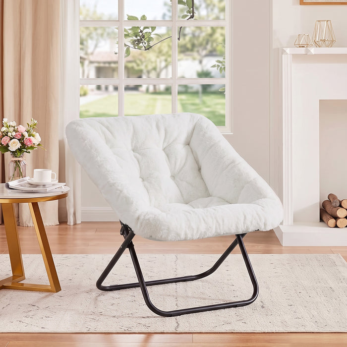 Comfy Saucer Chair, Folding Cozy Faux Fur Accent Seat with Thick Padded and Metal Frame, Single Leisure Chair for Living Room Bedroom