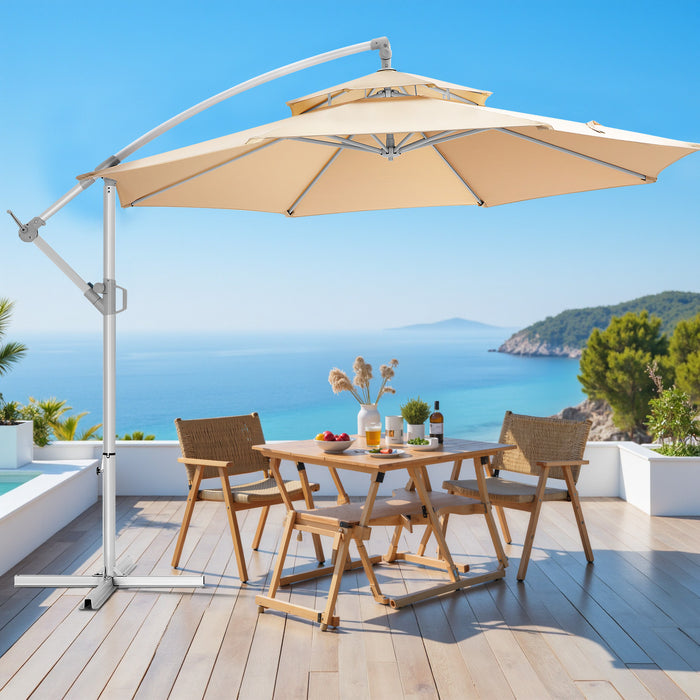 Simenmax 10FT Offset Cantilever Patio Umbrella, 2 Tiers Table Umbrella with 8 Sturdy Ribs, Market Table Parasol for Garden, Lawn, Backyard, Pool, Beige