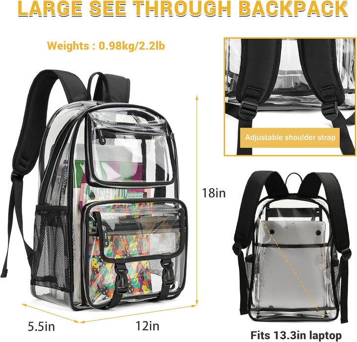 Large Clear Backpack for Boys, Cute Transparent Heavy Duty Stadium Approved PVC Kids School Book Bags With Free Pendant As Gift, Black
