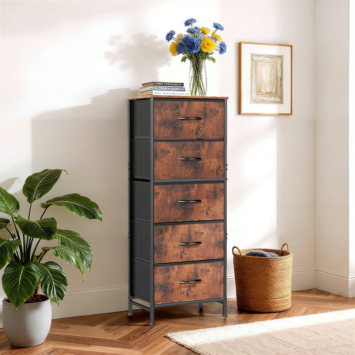 Bigleap 5-Drawer Dresser，5 Drawer Nightstand with Wood Top & Fabric Bins - Slim Storage Cabinet for Bedroom, Closet, Living Room,Brown