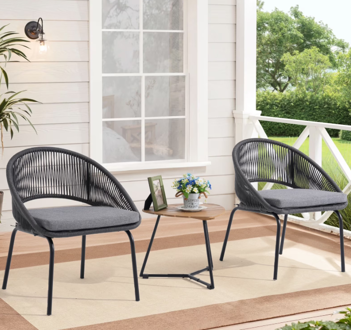 Dozzle 3-Piece Patio Bistro Set with Cushions, All-Weather Woven Rope Chairs and Coffee Table for Balcony, Garden,Gray
