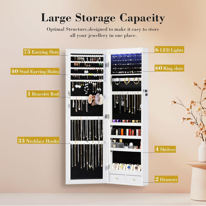 Blorly Jewelry Cabinet Organizer with Mirror, Wall or Door Mounted Jewelry Storage, 47.2 Inch Large Capacity Armoire with 6 LEDs Secure Lock, White