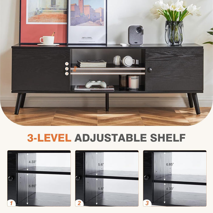 TINKLE WELL TV Stand for 55-60 Inch TVs, 3-Level Adjustable Shelf with 2 Storage Cabinets, Soft-Hinge Handle Doors, and Wooden Media Console for Living Room or Office