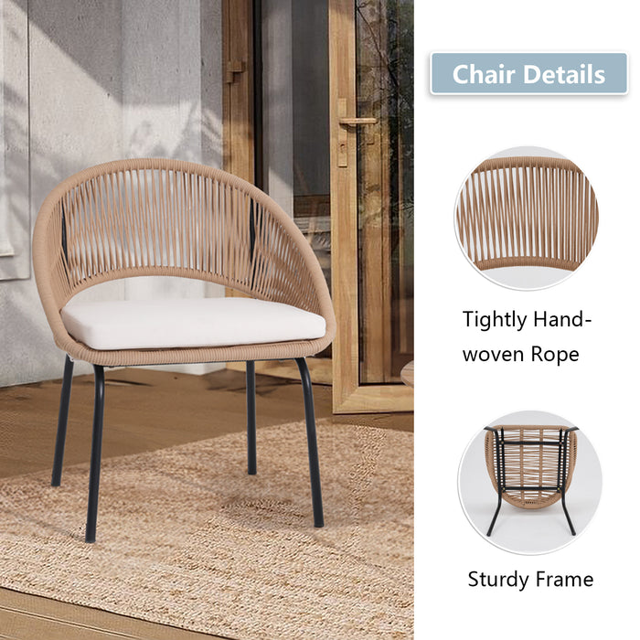 3 Piece Outdoor Bistro Set, Woven Rope Conversation Patio Set, All Weather Patio Furniture Chairs with Cushions and Coffee Table for Porch, Balcony, Garden, Backyard