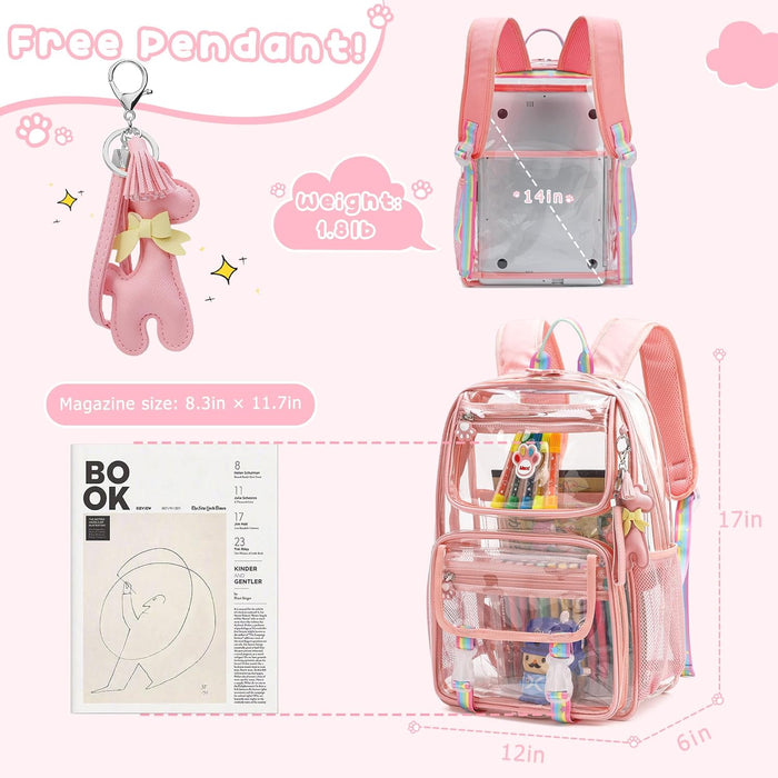 Clear Backpack for Girls, Cute Transparent Heavy Duty Stadium Approved PVC Kids Schoolbag Book Bags With Free Pendant As Gift, Pink