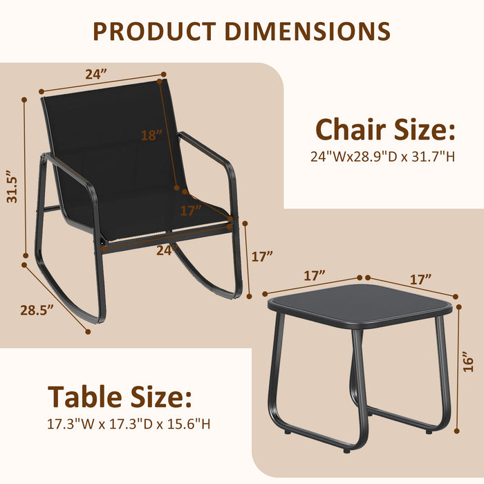 TINKLE WELL 3/4-Piece Outdoor Rocking Bistro Set – Textilene Rocking Chairs with Glass-Top Table for Porch, Lawn, Balcony, Black