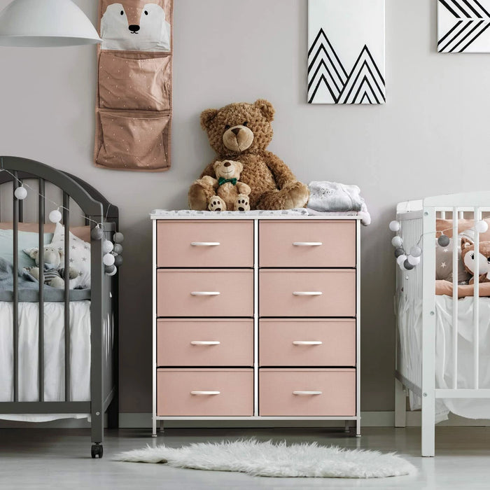 Simenmax 8 Drawer Dresser for Bedroom Fabric Dresser Chest of Closets Storage Units Organizer Tower Wooden Top Shelf for Bedroom, Hallway, Entryway, Closet,Pink