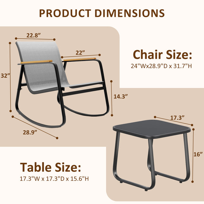 TINKLE WELL 3/4-Piece Outdoor Rocking Bistro Set – Textilene Rocking Chairs with Glass-Top Table for Porch, Lawn, Balcony, Black