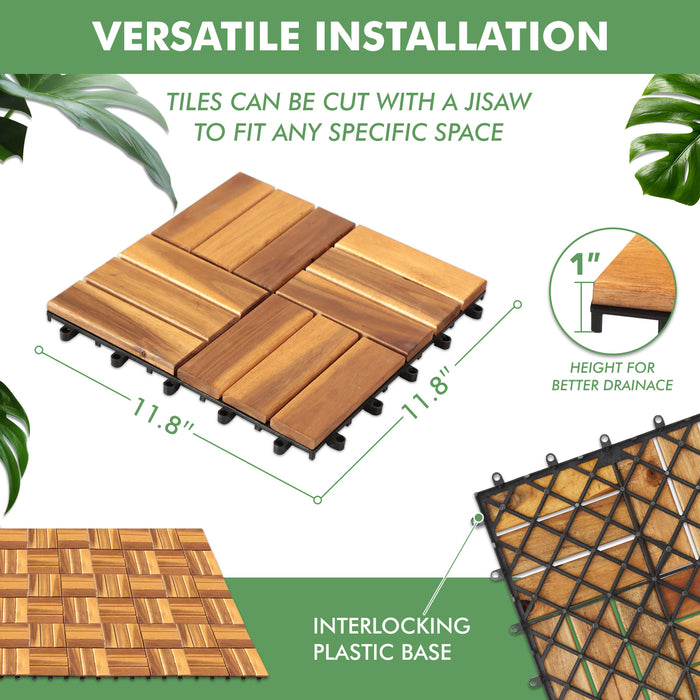 TINKLE WELL 10-Pack Interlocking Solid Wood Deck Tiles, 12"x12" Waterproof Outdoor Flooring for Patio, Garden, Poolside, Stripe
