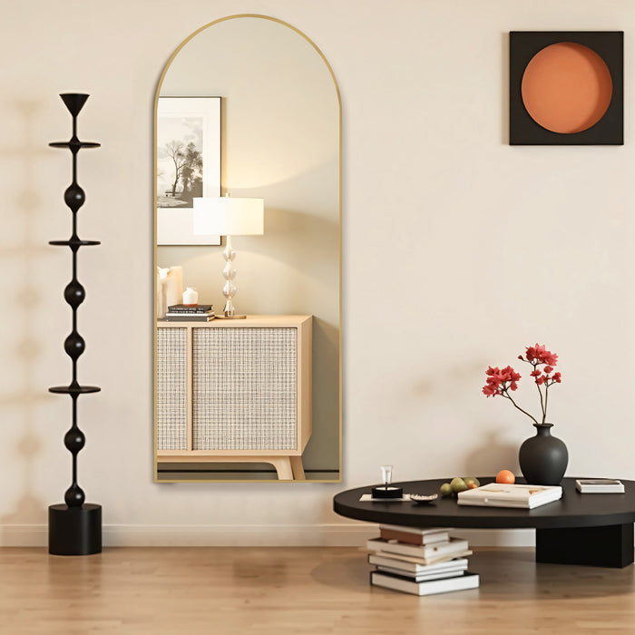 Simenmax 64''x21'' Arched Full Length Mirror with Stand, Aluminum Frame Floor Mirror for Cloakroom, Hallway, Gold