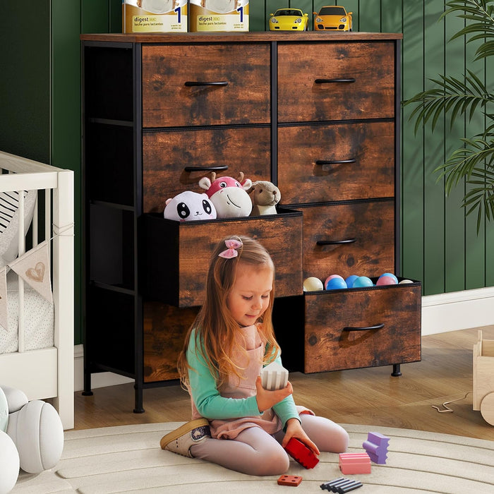 8 Drawer Dresser, Tall Chest Of Drawers Nightstand Storage Tower Storage Dresser Fabric Dresser With Wood Top for Living Room, Bedroom, Hallway, Nursery, Rust