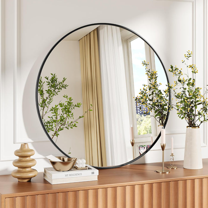Simenmax 28'' Round Wall Mirror, High-Definition Bathroom Mirrors, Circle Mirror for Vanity, Entryway, Bedroom, Black