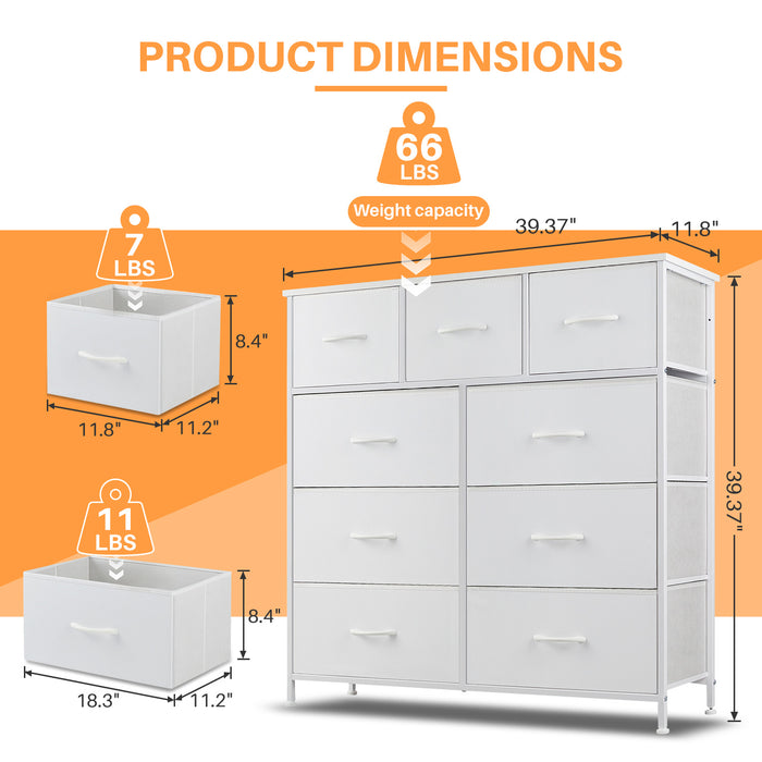 Simenmax 9 Drawers Dresser for Bedroom, Tall Fabric Closet Chests Organizer Tower Furniture with Wooden Top Metal Frame for Clothes, Room, Living Room, Hallway, Entryway,White