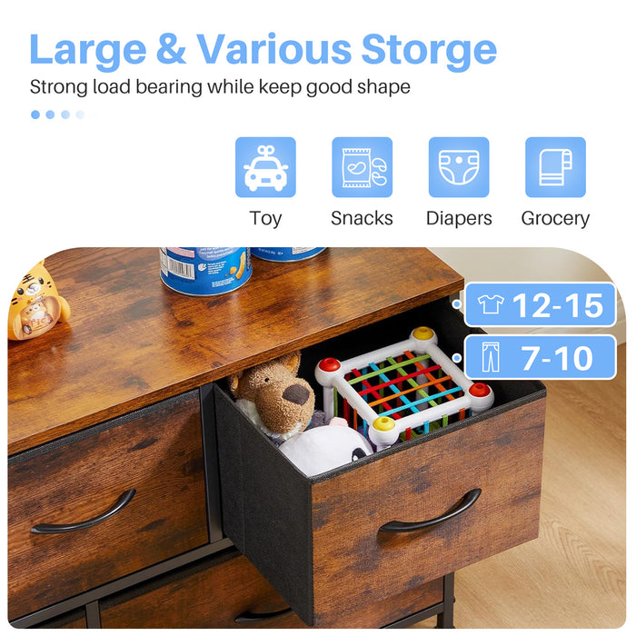 Simenmax 5 Fabric Drawer Dresser TV Stand for Bedroom, Entertainment Center for 45 Inch TV with Storage Drawer Unit, Open Shelf, Adjustable Feet, Living Room, Brown