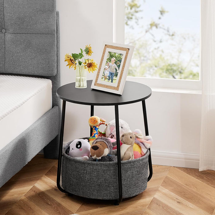 Small Round Side End Table for Living Room, Modern Nightstand Bedside Table with Fabric Basket for Bedroom - Black
