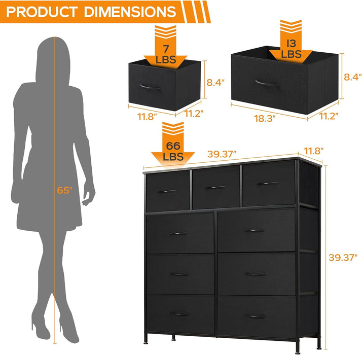 9 Drawer Dresser, Wide Chest Of Drawers Nightstand Storage Tower Storage Dresser Fabric Dresser With Wood Top for Living Room, Bedroom, Hallway, Nursery, Black
