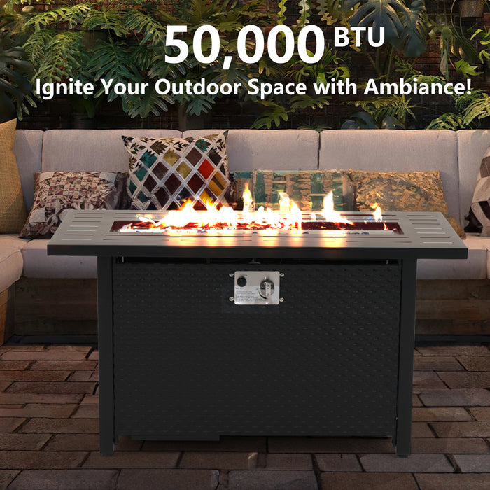 Betcozy Propane Fire Pit 45 Inch Rectangle Outdoor Gas Fire Pits, 50,000 BTU Fire Table with Steel Tabletop, Glass Wind Guard, Blue Glass Stone and Waterproof Cover for Outside Patio, Garden, Deck, Yard