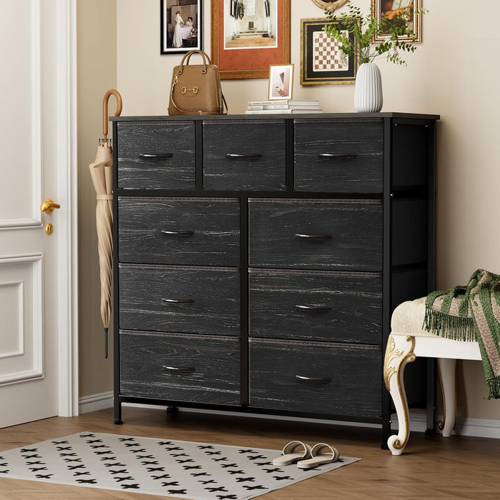 Simenmax 9 Drawers Dresser for Bedroom, Tall Fabric Closet Chests Organizer Tower Furniture with Wooden Top Metal Frame for Bed Room, Living Room, Hallway, Entryway,Black Wood
