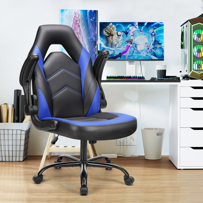 Simenmax Gaming Chair, Ergonomic Office Leather Racing Chair with Flip-up Armrest, Black Blue