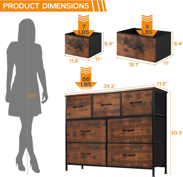 Bigleap 7 Drawer Dresser, Wide Chest Of Drawers Nightstand Storage Tower Storage Dresser Fabric Dresser With Wood Top for Living Room, Bedroom, Hallway, Nursery, Rust