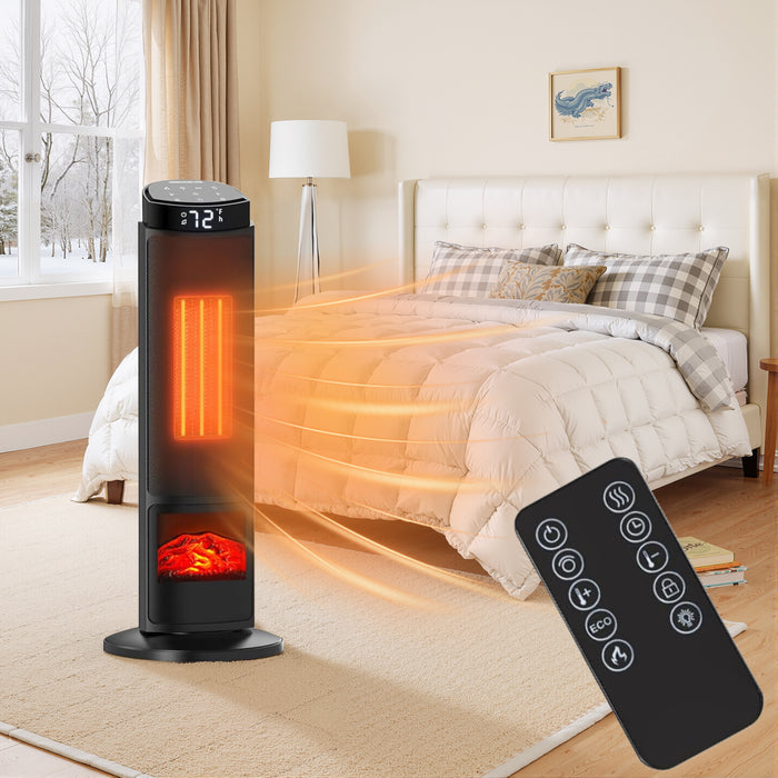 TINKLE WELL 23/24" Indoor Space Heater with Remote & Thermostat, 3/7 Light Modes, 60/70° Oscillation, Up to 99°F Portable Electric Heater with Tip-Over Protection, Black