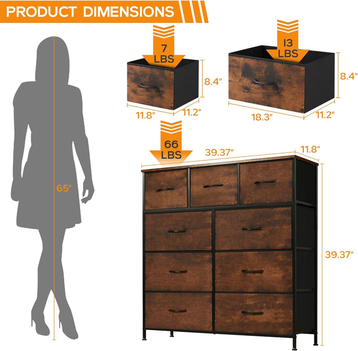 Bigleap 9 Drawer Dresser, Wide Chest Of Drawers Nightstand Storage Tower Storage Dresser Fabric Dresser With Wood Top for Living Room, Bedroom, Hallway, Nursery, Rust