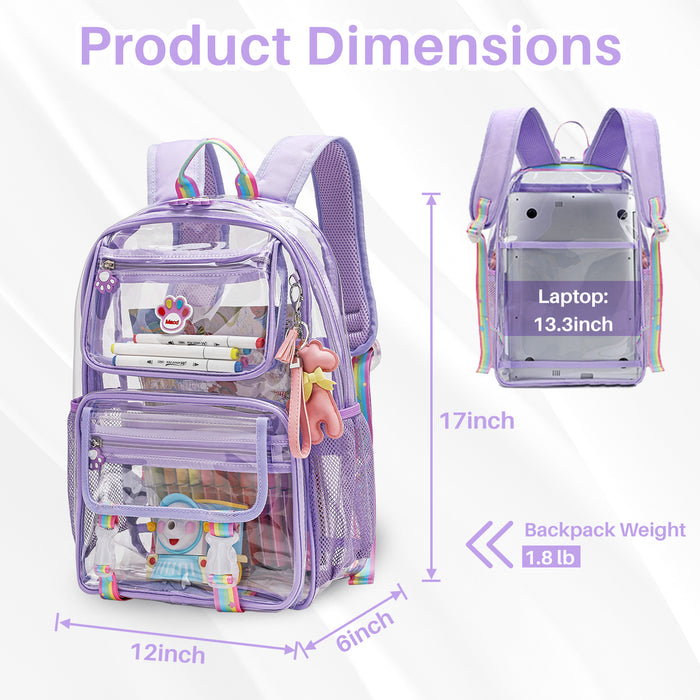 Clear Backpack Heavy Duty with Padded Straps, Side Pockets for Kids, Boys, Girls, School, Stadium Approved Events,Purple