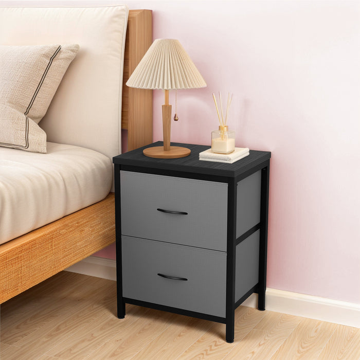 Nightstand Set of 2- Fabric Storage Tower with Wooden Top