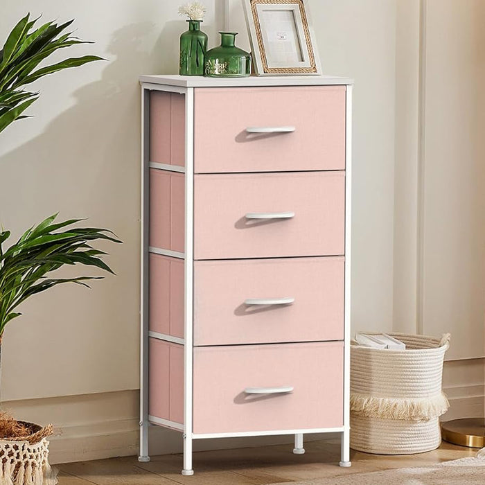 Bigleap 4 Drawer Dresser with Wood Top, Fabric Storage Tower & Tall Chest for Bedroom, Living Room, Hallway Organization, Pink
