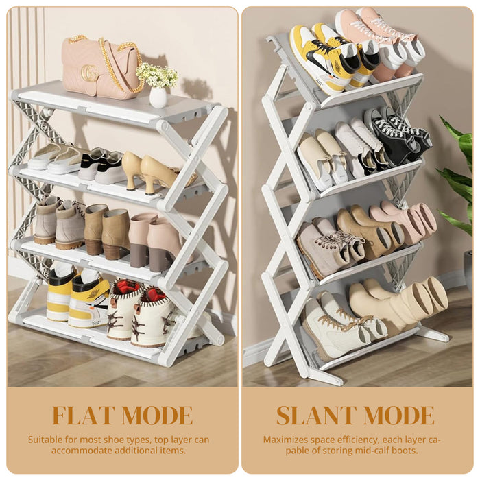 4-Tier Folding Shoe Rack, Adjustable Space-Saving Shoe and Boot Organizer, 2-Mode Floor Mount Shoe Holder, Free-Standing Shoe Shelf for Closet, Hallway, Entryway, Bedroom & Bathroom Holds 8-12 Pairs