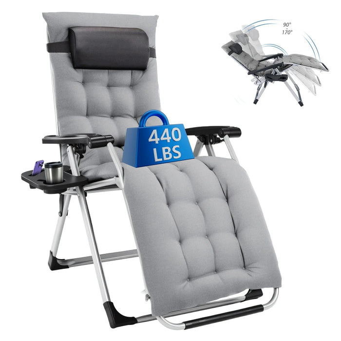 Sybels Zero Gravity Chair with Headrest & Cup Holders - Reclining Outdoor Lounge Chair, Supports 440lbs, Foldable for Backyard, Deck , Gray