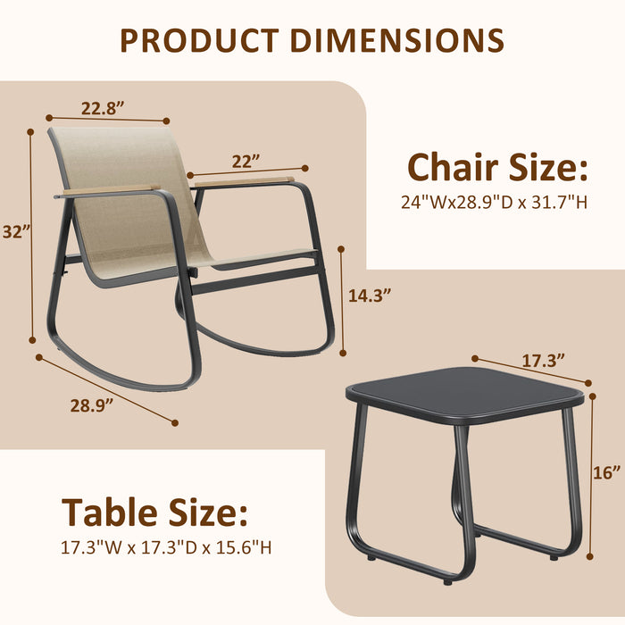 TINKLE WELL 3/4-Piece Outdoor Rocking Bistro Set – Textilene Rocking Chairs with Glass-Top Table for Porch, Lawn, Balcony, Black