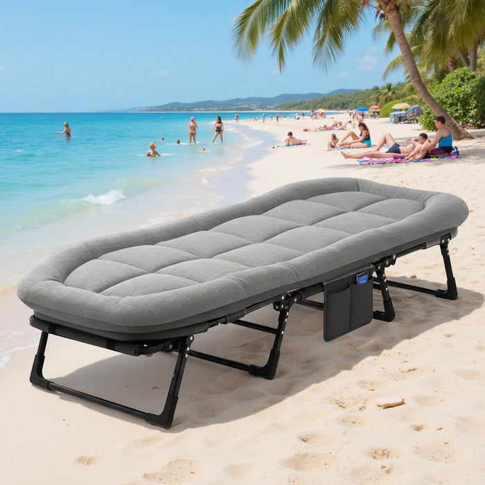 Sybels Deluxe Folding Camping Cot with Headrest and Mattress, Comfortable Portable Bed for Travel, Camping, Home, Heavy Duty Steel Frame