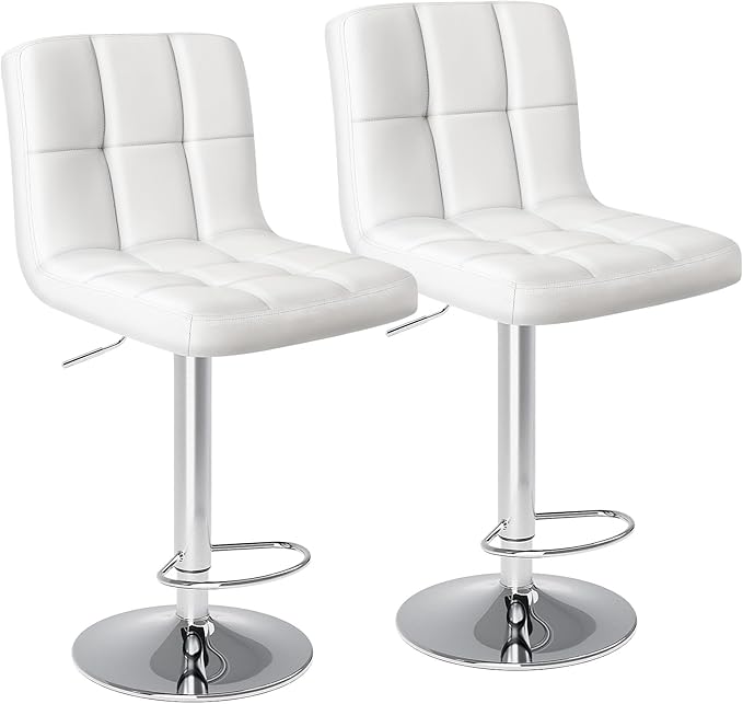 Sybels 2-Pack Adjustable Swivel Bar Stools, Armless PU Leather Counter Height Stools with Back，White