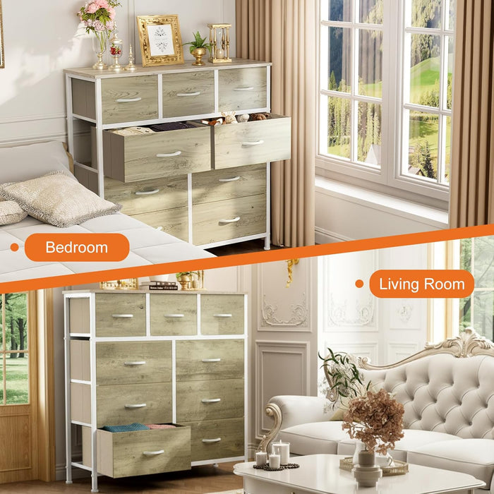 Simenmax 9 Drawers Dresser for Bedroom, Tall Fabric Closet Chests Organizer Tower Furniture with Wooden Top Metal Frame for Bed Room, Living Room, Hallway, Entryway,Oak Greige