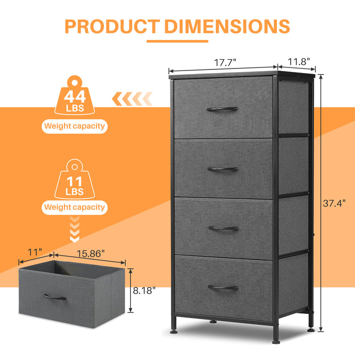 Bigleap 4 Drawer Dresser, Fabric Storage Tower Organizer with Wood Top and Steel Frame for Bedroom, Closet, Hallway, Entryway,Gray