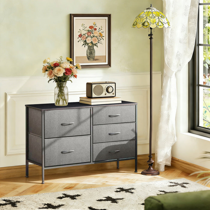 Bigleap 5-Drawer Fabric Dresser, Wide Storage Organizer Dresser for Bedroom, Living Room & Closet,Gray