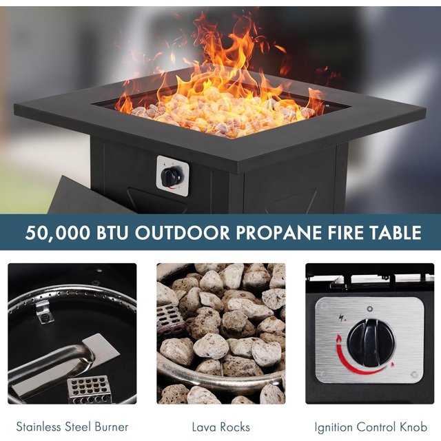 28in Fire Pit Table, Propane Firepit Outdoor Gas Fire Pits Clearance, 50,000 BTU with Metal Tabletop, Lid, Lava Rocks for Outside Patio, Garden, Deck, Yard