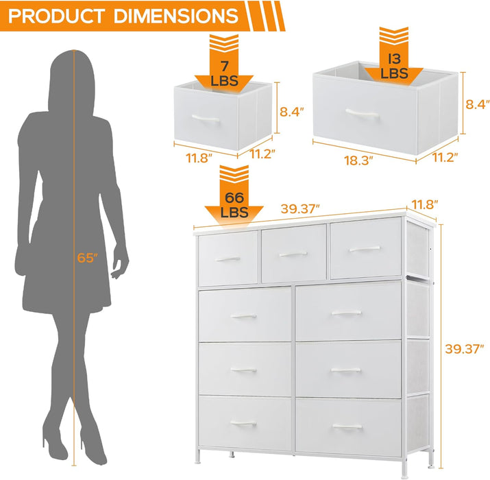 Bigleap 9 Drawer Dresser, Wide Chest Of Drawers Nightstand Storage Tower Storage Dresser Fabric Dresser With Wood Top for Living Room, Bedroom, Hallway, Nursery, White