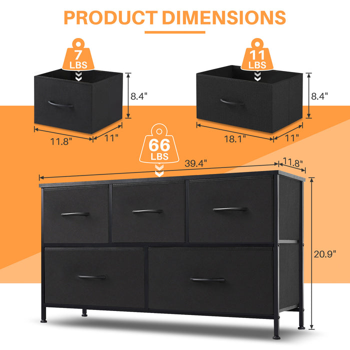 Bigleap 5 Drawer Dresser, Wide Chest Of Drawers Nightstand Storage Tower Storage Dresser Fabric Dresser With Wood Top for Living Room, Bedroom, Hallway, , Black