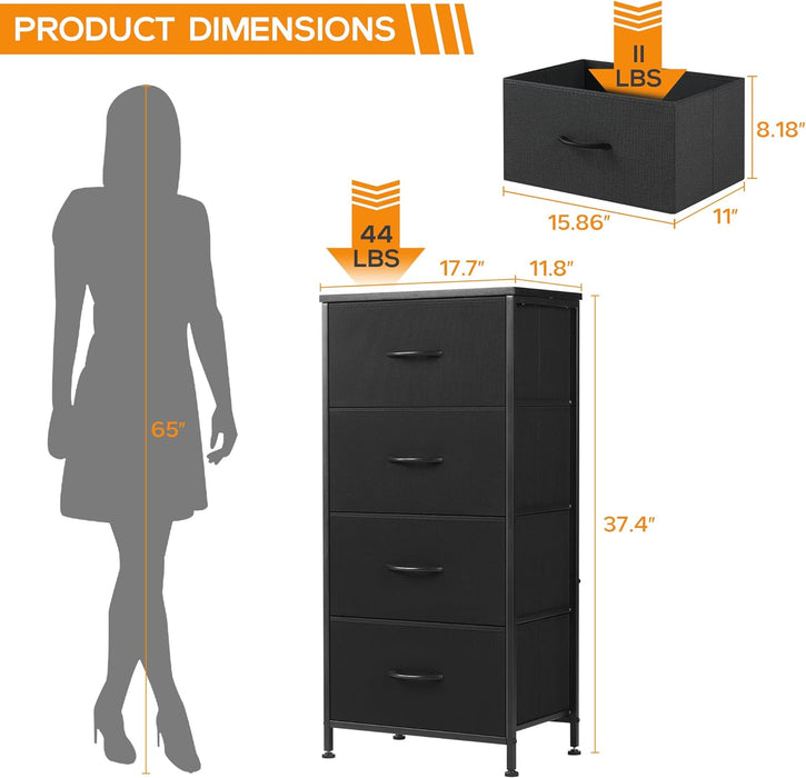 4 Drawer Dresser, Tall Chest Of Drawers Nightstand Storage Tower Storage Dresser Fabric Dresser With Wood Top for Living Room, Bedroom, Hallway, Nursery, Black