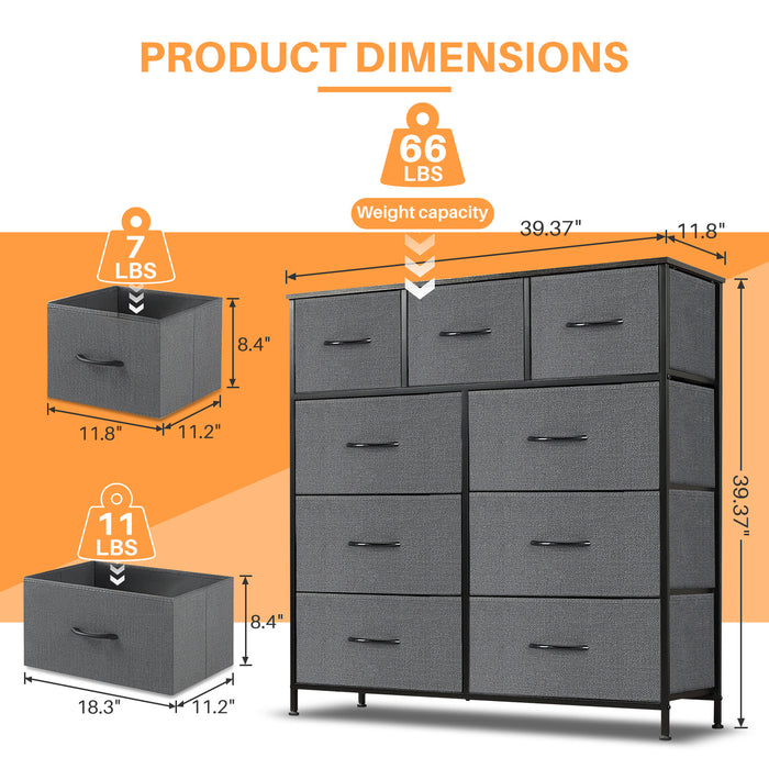 Bigleap 9 Drawer Dresser, Wide Chest Of Drawers Nightstand Storage Tower Storage Dresser Fabric Dresser With Wood Top for Living Room, Bedroom, Hallway, Grey