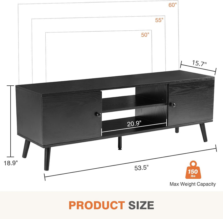 TV Stand for 55 60 inch TV, Modern Mid Century Entertainment Center with Storage, Media Console Table 2 Cabinet, for Living Room, Office, Black