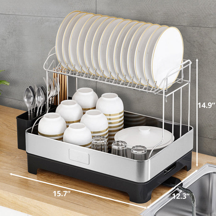 2-Tier Stainless Steel Dish Drying Rack, Extra Large Capacity Dish Rack and Drainboard Set with Cutlery Holder for Kitchen Counter
