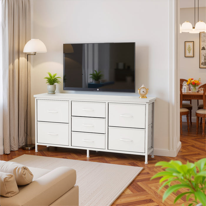 Simenmax 7-Drawer Fabric TV Stand & Storage Dresser – Versatile Media Console for Living Room, Bedroom, and Small Spaces, White
