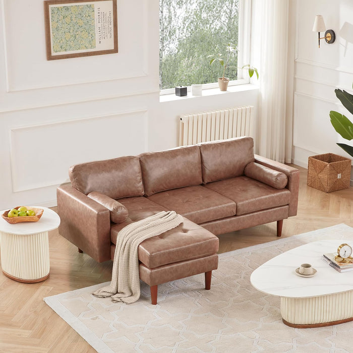 Yangming 80" W Sectional Sofa Couch, L Shaped Couch with Reversible Chaise, Mid Century Modern Leather Couches for Living Room Apartment Small Space, Convertible Sofa with Tufted Seat Cushion, Brown