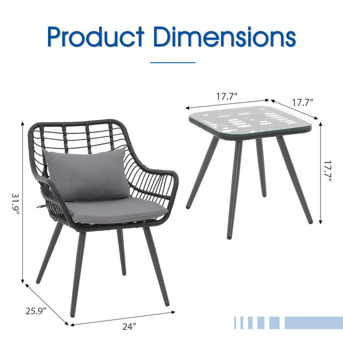Beddle 3-Piece Patio Bistro Set with Cushions, Outdoor Wicker Chairs and Coffee Table, Small Balcony & Poolside Furniture Conversation Set