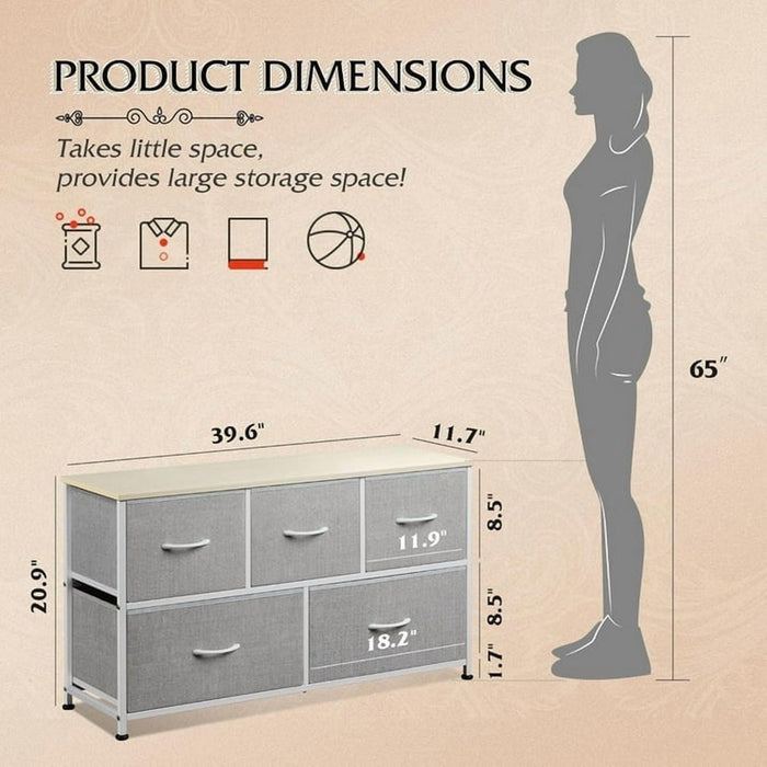 Betcozy 5-Drawer Storage Dresser, Classic Bedroom Dresser for Clothes & Nursery Organization, Stable Metal Frame, Wooden Top, Gray