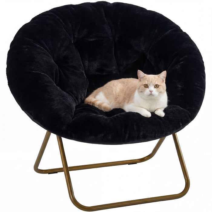 Blorly Accent Chair, Folding Living room Saucer Chair with Faux Fur Padded for Lounge Reading, Metal X-Large, Black
