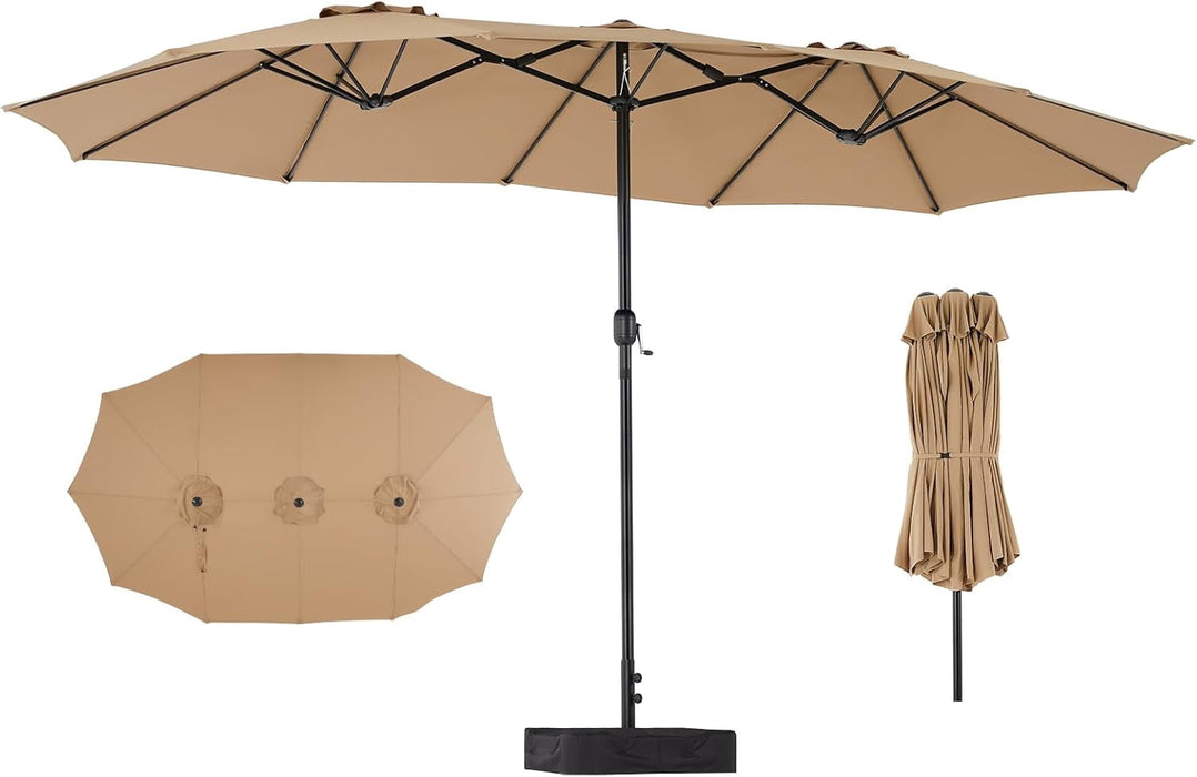 Betcozy Patio Umbrella with Base, 15ft Large Double-Sided Rectangle Umbrella, Outside Market Umbrellas for Deck, Poolside, Backyard, Khaki